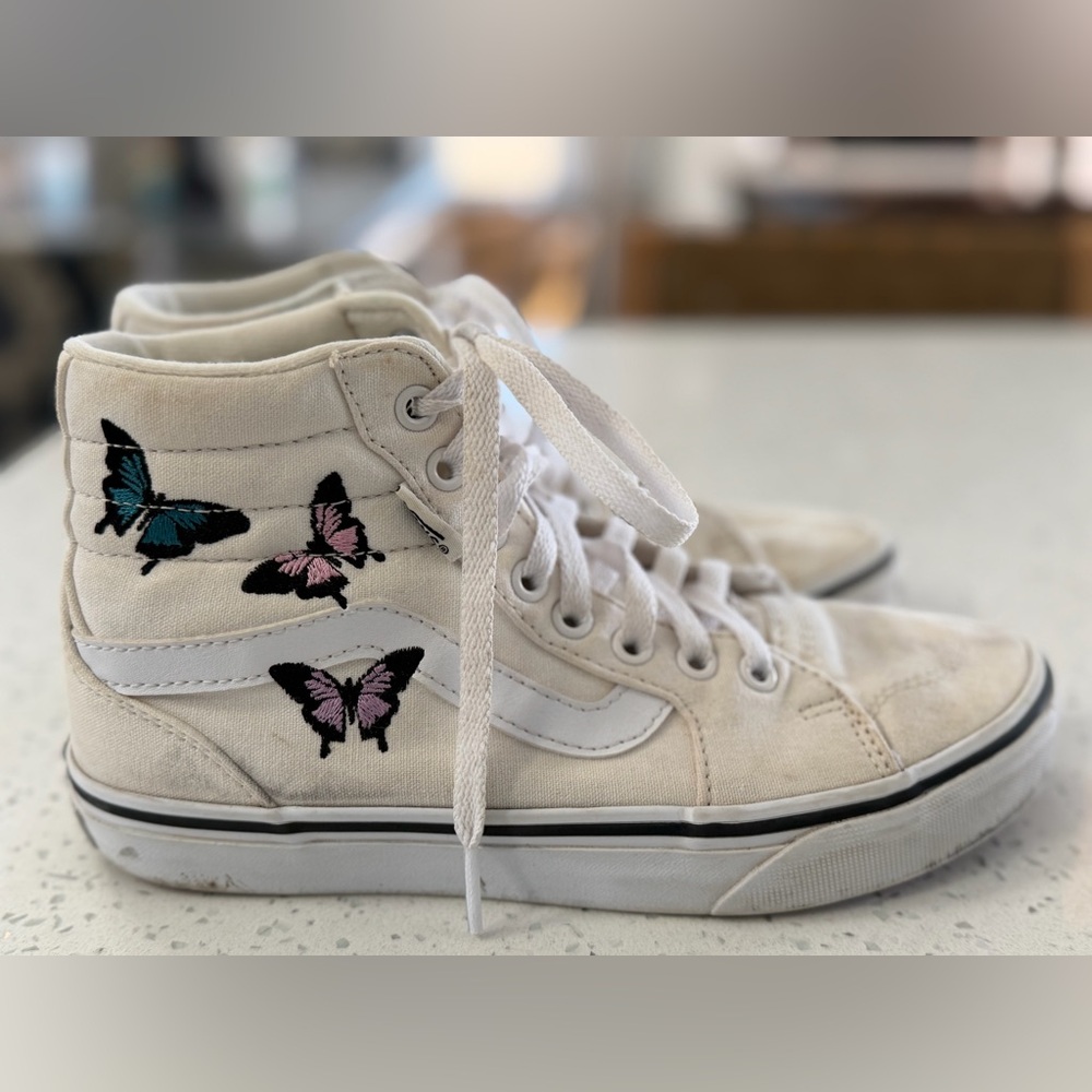 Vans High-Top Canvas Sneakers with Butterfly Embroidery in Cream, Blue, Pink